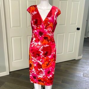 LAUREN RalphLauren Pink/Orange Floral Ruched VNeck Cap Sleeve Faux Wrap Dress 4